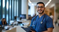 Middle Eastern male medical professional in blue scrubs and stethoscope smiling while holding clipboard in modern hospital corridor. Healthcare staff at work.