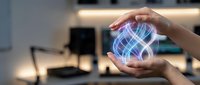 Hands protecting glowing digital sphere with network connections in modern office environment representing data security and technological innovation.