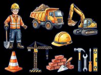 Construction worker in safety gear holding shovel, dump truck, excavator, hard hat, traffic cone, crane, bricks, trowel, hammer, and tools isolated on transparent background. Ready for t-shirt design, clipart, stickers, and print-on-demand projects.