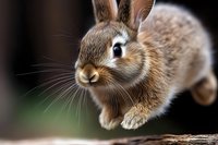 Close up portrait of brown bunny rabbit with soft fur and long whiskers against dark background, showing curious expression and alert ears.