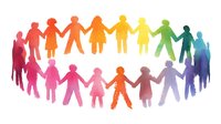 Colorful watercolor silhouettes of people holding hands in a circle, symbolizing unity, diversity, community, and teamwork.