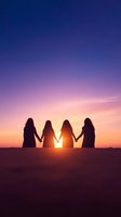 Silhouettes of four women holding hands against dramatic sunset sky with purple and orange gradient colors, symbolizing unity, friendship and sisterhood.
