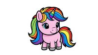 Cute pink unicorn with rainbow mane and tail sitting on white background. Cartoon style magical horse character isolated for children designs and fantasy projects.