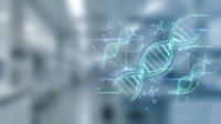 DNA double helix strands with molecular structures and digital technology elements overlay on blurred laboratory background for biotechnology and genetic research.