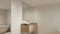 Modern minimalist bathroom interior with white subway tiles, floating wooden vanity, and contemporary fixtures for home design projects.