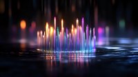 Glowing vertical light beams create magical fountain effect with orange and blue colors reflecting on dark water surface, abstract background for creative projects.