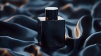 Black luxury perfume bottle on dark silky fabric with elegant folds and waves creating dramatic shadows and light effects for premium product photography.