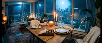 Romantic candlelit dinner table setup in a cozy apartment with city night view, wine glasses, candles, and love written on the window.