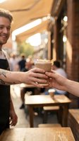 Barista with tattoo on arm handing takeaway coffee cup to customer in warm-lit cafe interior with blurred background and wooden counter, capturing service industry moment.