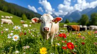 Young white calf standing in alpine meadow with colorful wildflowers, daisies and poppies. Mountain peaks and green forest in background. Grazing cattle on summer pasture.