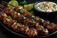 Grilled chicken kebabs with charred edges, garnished with fresh herbs and lime, served with creamy yogurt dipping sauce on black plate, dark food photography.