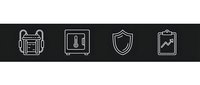 Business line icons set with backpack, safe, shield and clipboard on dark background for corporate presentations and web design.