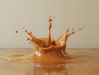 Crown-shaped splash of caramel liquid creating dynamic motion and droplets on beige surface, frozen moment of fluid dynamics captured in high-speed photography.