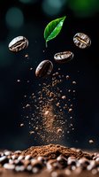 Flying roasted coffee beans and green leaf with ground coffee powder falling on dark background. Creative food levitation photography for cafe menu design.