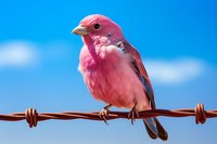 Pink-breasted finch perched on rusty barbed wire against vibrant blue sky with white clouds, showcasing delicate feathers and natural bird behavior in wildlife setting.