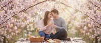 Young couple sharing intimate moment during spring picnic under blooming cherry blossom trees with basket and food for romantic outdoor date.