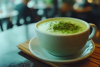 Hot matcha green tea latte with finely ground powder on frothy milk surface served in white ceramic cup on wooden tray, cafe atmosphere background.