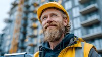 Confident bearded construction worker in yellow hard hat and safety vest smiling at modern building site. Professional contractor portrait for industrial projects.