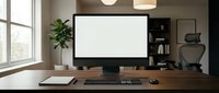 Modern home office workspace with blank computer monitor screen on wooden desk ready for mockup design presentations and remote work productivity.