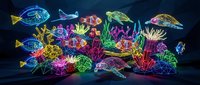 Vibrant neon coral reef with glowing tropical fish in electric blue pink green colors. Digital art underwater scene with luminous marine life and corals.