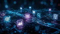 Digital network with glowing business icons floating above connected data points representing modern technology solutions for corporate analytics and automation.