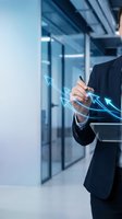 Businessman in suit touching digital growth arrows in modern office corridor representing business success and financial progress analytics.