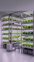 Vertical farming system with multiple shelves of fresh green leafy vegetables and herbs growing under LED grow lights in controlled indoor agricultural environment.