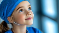 Young girl wearing blue medical cap and face mask looking up with hope and optimism against hospital background, healthcare concept for pediatric care.