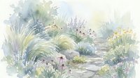 Watercolor garden path with wildflowers and ornamental grasses in soft pastel tones. Peaceful landscape painting with natural botanical elements and stones.