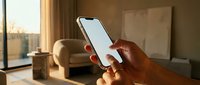 Hands holding a smartphone with blank white screen mockup in a cozy modern living room with warm sunlight streaming through large windows.