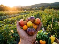 Hand holding colorful heirloom tomatoes in organic garden at sunset. Fresh harvest vegetables for healthy cooking and farm-to-table dining concepts.