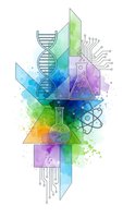 Colorful watercolor science composition with DNA helix, laboratory flasks, atomic structure and circuit board elements for educational and research concepts.