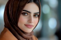 Young Middle Eastern woman wearing brown hijab smiles warmly at camera with natural makeup and confident expression against soft bokeh background.
