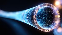 Glowing blue and orange energy tunnel with sparkling particles forming a luminous vortex against dark background, abstract science visualization concept.