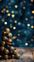 Festive arrangement of gold and navy blue glittering Christmas baubles stacked on rustic wooden surface against blurred bokeh background in dark blue tones.