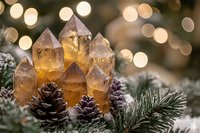 Glowing citrine crystal points arranged with pine cones and evergreen branches against soft bokeh lights create magical winter holiday atmosphere.