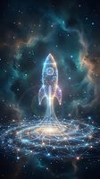 Glowing neon rocket ship launching upward with digital network connections and cosmic nebula background, representing innovation, technology, and space exploration for futuristic business concepts.