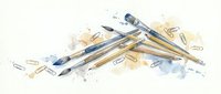 Watercolor pencils and brushes scattered with artistic paint splashes on white background for creative design projects and educational materials.