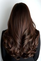 Back view of woman with long wavy brown hair showing layered haircut and rich chocolate color tones for salon and beauty styling concepts.