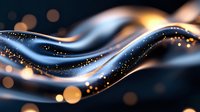Flowing liquid metal waves with golden and blue luminous particles on dark background, suitable for tech, luxury, and abstract design projects.