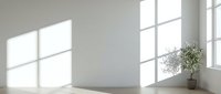 Minimalist interior with empty white wall, wooden table, potted plant, and natural sunlight from windows. Suitable for product mockups and design backgrounds.