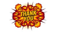 Thank you message in comic book style with explosion effect, isolated on transparent background. Suitable for greeting cards, social media posts, and design projects.