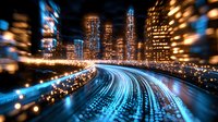 Modern city skyline at night with light trails and motion blur effect creating dynamic urban landscape with glowing blue streaks and illuminated skyscrapers.