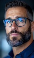 Close up portrait of mature bearded man wearing glasses with striking blue eyes and confident expression against dark background. Professional business headshot.