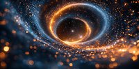 Mesmerizing spiral of orange and blue light particles forming cosmic vortex against dark background, creating dramatic space portal effect with glowing energy rings.