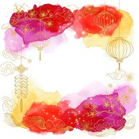 Vibrant watercolor frame with golden Chinese lanterns, clouds and traditional ornaments on white background for festive design projects and celebrations.