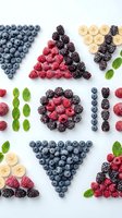 Fresh mixed berries arranged in geometric patterns with mint leaves on white background for healthy eating and nutrition concepts.
