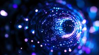 Glowing blue spiral tunnel with scattered light particles and bokeh effects creates futuristic abstract background for technology and science concepts.