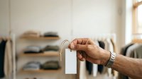 Cropped view of male hand holding blank white price tag or label with twine string against blurred clothing store interior with organized shelves and garments for retail merchandising.