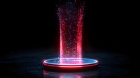 Futuristic glowing portal with red and blue neon lights emitting bright particles and energy beams on dark background, creating mystical sci-fi atmosphere.